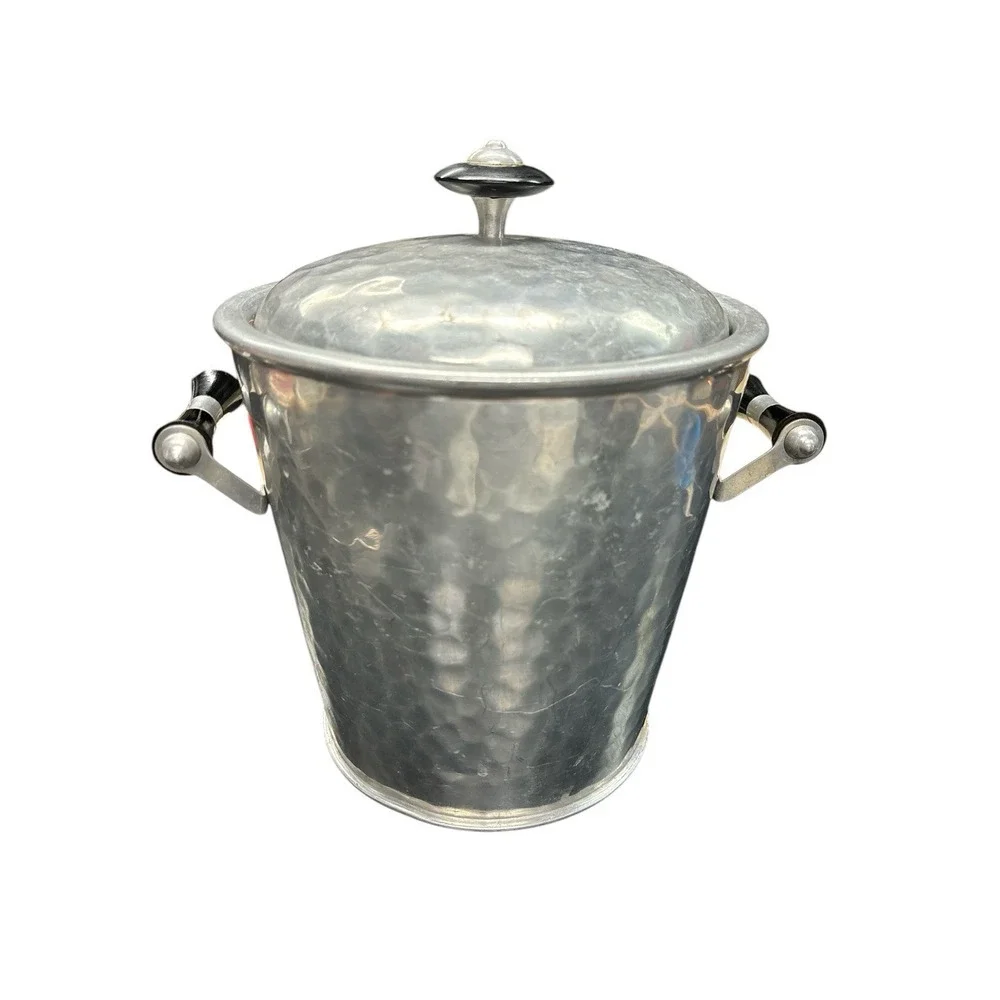 Vintage Mid Century MMM SA Brand Hammered Aluminum‎ Ice Bucket W/Tongs Spain